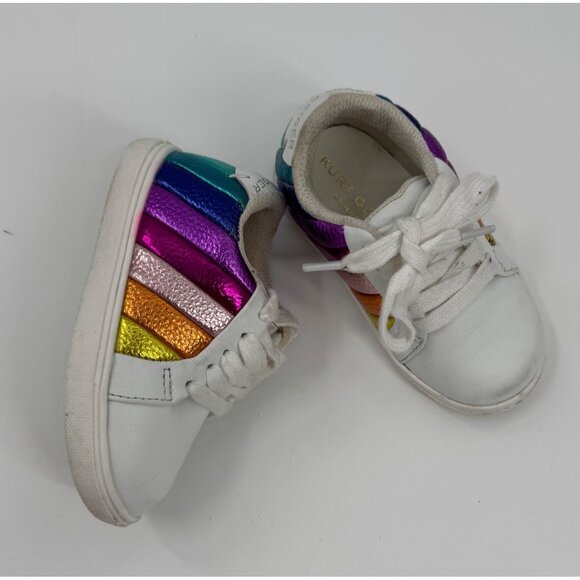 Kurt Geiger Mini Lane Stripe Sneakers 22/6M White Leather Upper With Rainbow Met - Picture 1 of 10